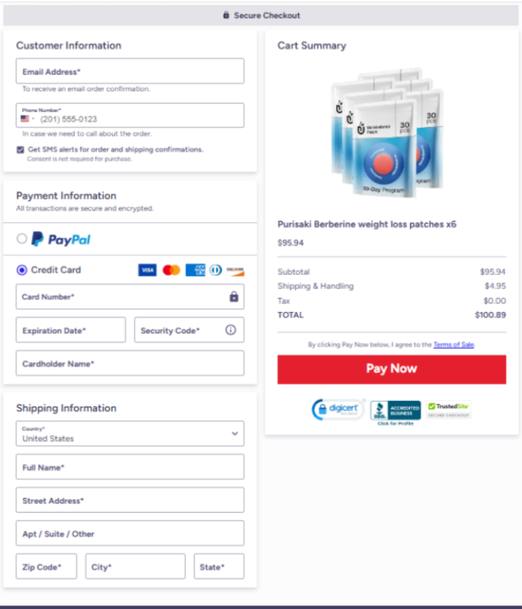 Purisaki Berberine Patch secure checkout ensures safe payment and protection of customer information